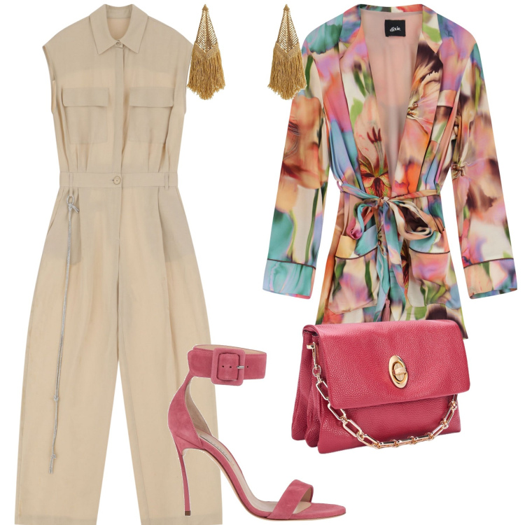 Outfit donna - Un tocco di colore. Stile Casual chic per Serata fuori. Abbinamento con orecchini, sandali col tacco, tute, kimono, borse a tracolla.