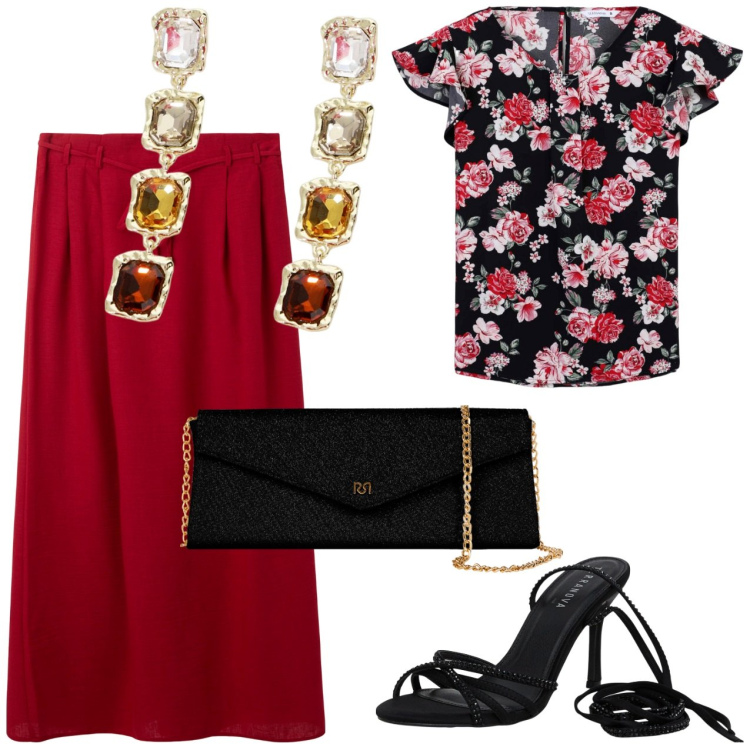 Outfit donna - Serata romantica. Stile Bon Ton per Serata fuori. Abbinamento con bluse, gonne lunghe, sandali alla schiava, pochette, orecchini.