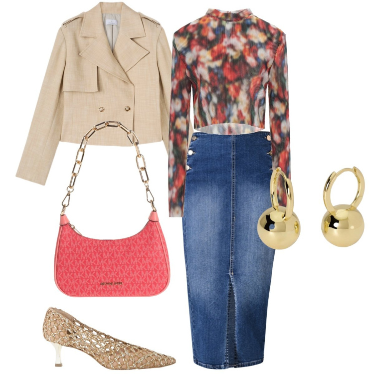 Outfit donna - La longuette in denim. Stile Trendy per Tutti i giorni. Abbinamento con t-shirt, borse a mano, décolleté, orecchini, gonne longuette, blazer.