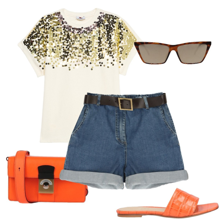 Outfit donna - Accessori colorati. Stile Casual chic per Mare. Abbinamento con sandali in pelle, borse a tracolla, occhiali da sole, bermuda, t-shirt.