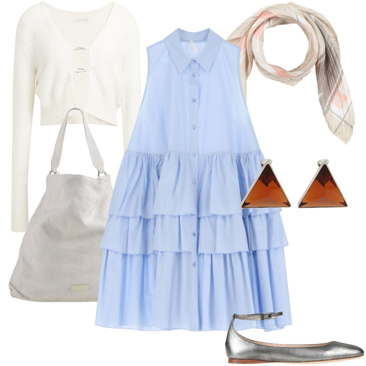 Outfit donna - Volumi romantici. Stile Romantica per Tutti i giorni. Abbinamento con cardigans, ballerine, orecchini, borse a mano, sciarpe, vestiti corti.