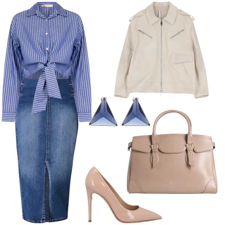 Outfit donna - Passeggiata in denim. Stile Casual chic per Tutti i giorni. Abbinamento con décolleté, borse a mano, orecchini, giacche, camicie, gonne longuette.