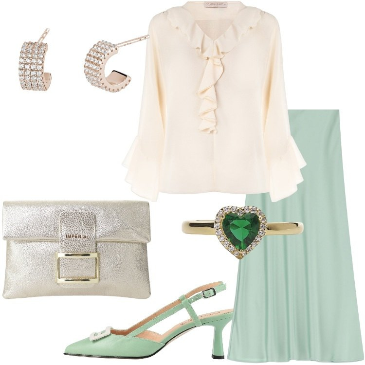 Outfit donna - Rouches strategiche e volumi romantici. Stile Romantica per Cerimonia. Abbinamento con décolleté, pochette, gonne lunghe, orecchini, anelli, bluse.