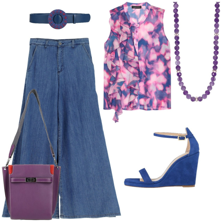 Outfit donna - Top fantasia con jeans a palazzo. Stile Casual chic per Serata fuori. Abbinamento con borse a spalla, sandali in pelle, cinture, collane, jeans, top.