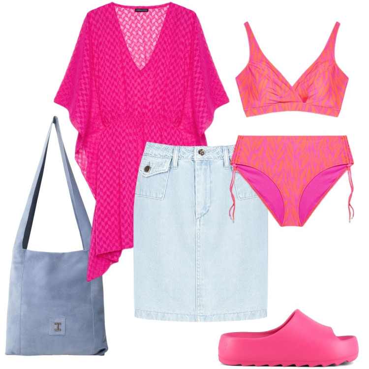 Outfit donna - Al mare. Stile Casual chic per Mare. Abbinamento con minigonne, borse a tracolla, bikini, caftani, ciabatte.