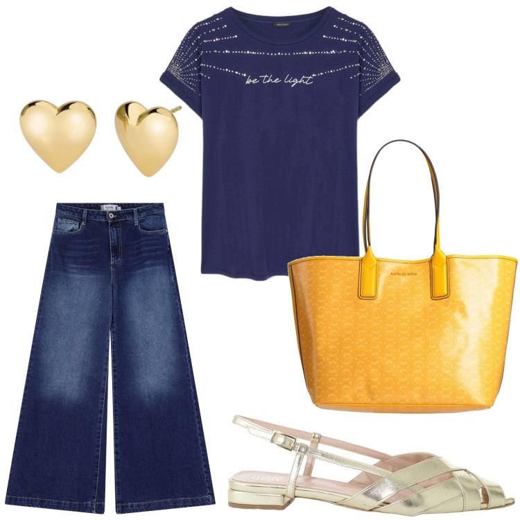 Outfit donna - Accessori esplosivi. Stile Casual per Tutti i giorni. Abbinamento con borse a mano, orecchini, jeans, sandali, t-shirt.