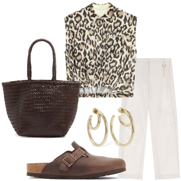 Outfit donna - Camicia giungla. Stile Romantica per Tutti i giorni. Abbinamento con camicie, pantaloni, borse a secchiello, orecchini, pantofole.