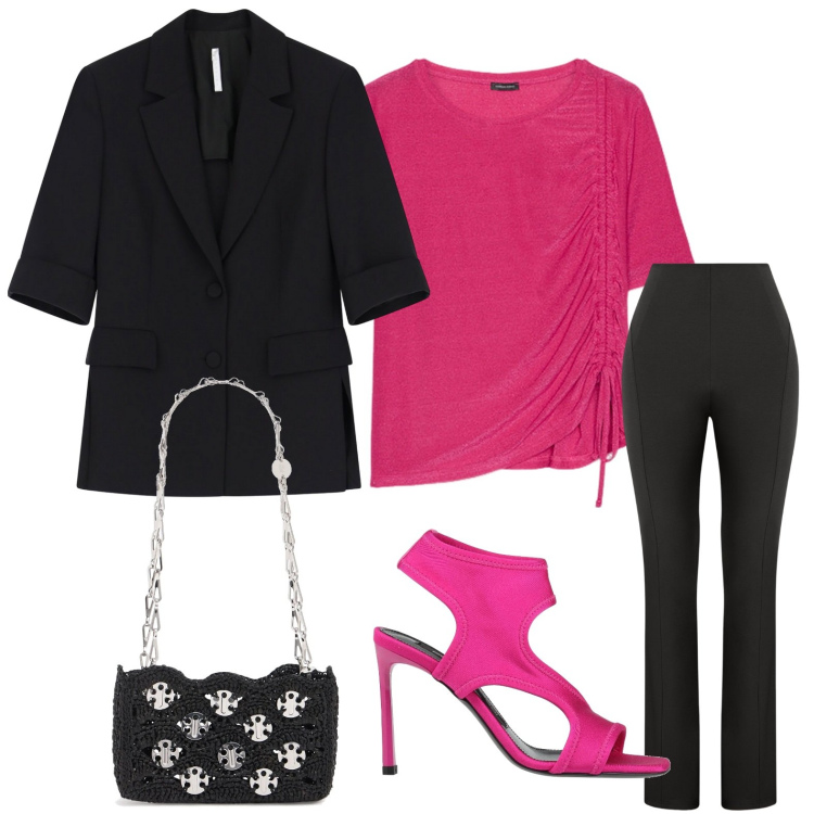 Outfit donna - Serata fuxia. Stile Chic per Serata fuori. Abbinamento con sandali in pelle, blazer, pantaloni, t-shirt, borse a spalla.