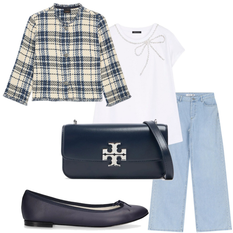 Outfit donna - Ballerine chic. Stile Minimal per Serata fuori. Abbinamento con jeans, t-shirt, ballerine, blazer, borse a spalla.
