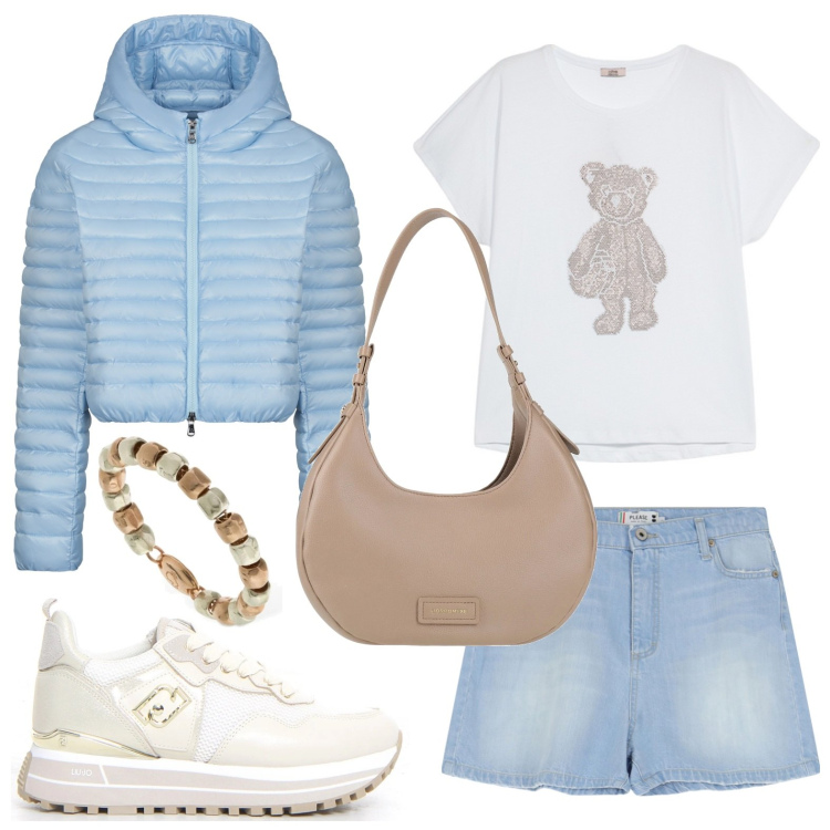 Outfit donna - Gita con la scuola. Stile Glamour per Tutti i giorni. Abbinamento con borse a spalla, shorts, piumini, anelli, t-shirt, sneakers.
