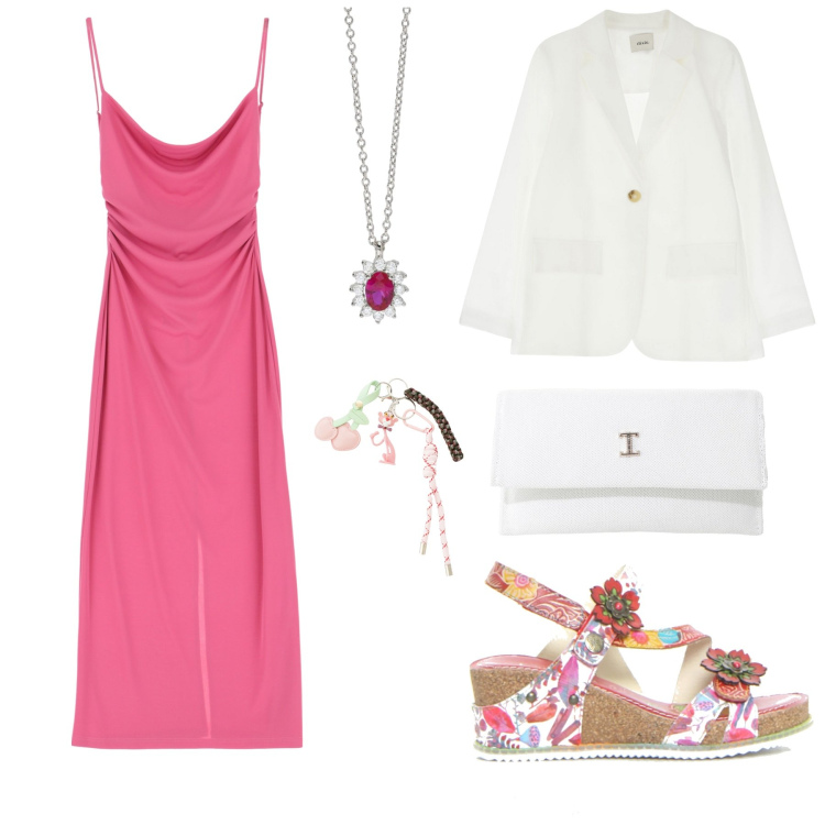 Outfit donna - I sandali colorati. Stile Trendy per Serata fuori. Abbinamento con collane, vestiti, borse a tracolla, blazer, portachiavi, sandali.