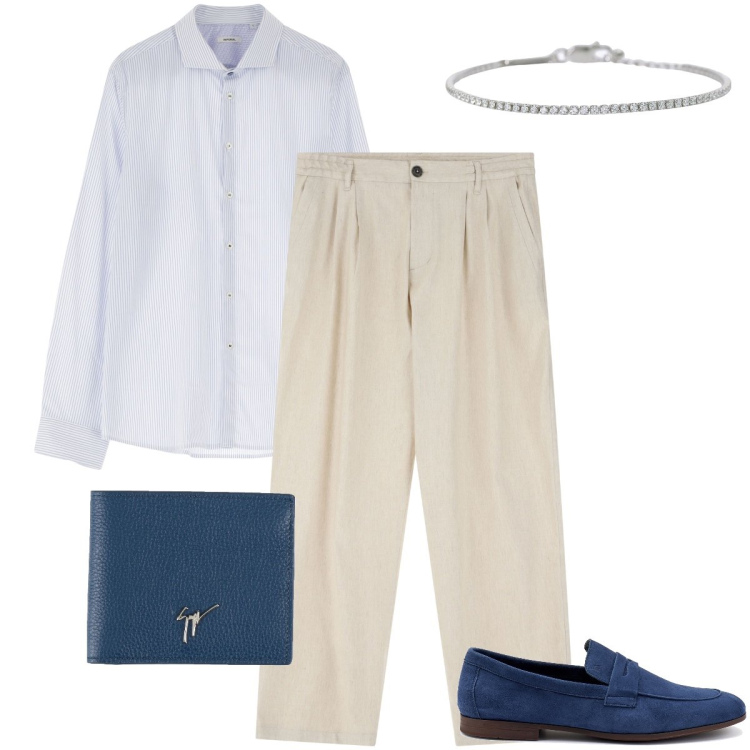 Outfit uomo - Look da terrazza serale. Stile Trendy per Serata speciale. Abbinamento con portafogli, braccialetti, pantaloni, camicie, scarpe stringate.