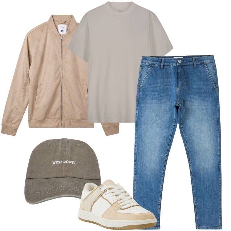 Outfit uomo - Per tutti i giorni. Stile Casual per Tutti i giorni. Abbinamento con cappelli, bomber, jeans skinny, sneakers, t-shirt.