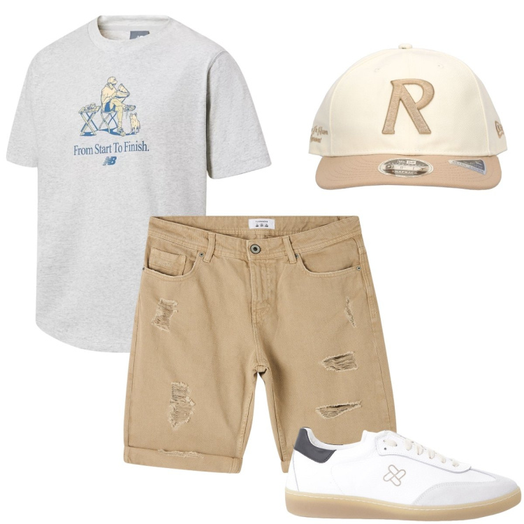 Outfit uomo - Gli shorts strappati. Stile Urban per Tutti i giorni. Abbinamento con bermuda, t-shirt, sneakers, cappelli.
