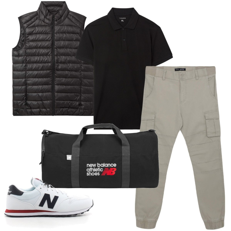 Outfit uomo - In palestra. Stile Urban per Sport. Abbinamento con piumini, polo, pantaloni cargo, borse sportive, sneakers.
