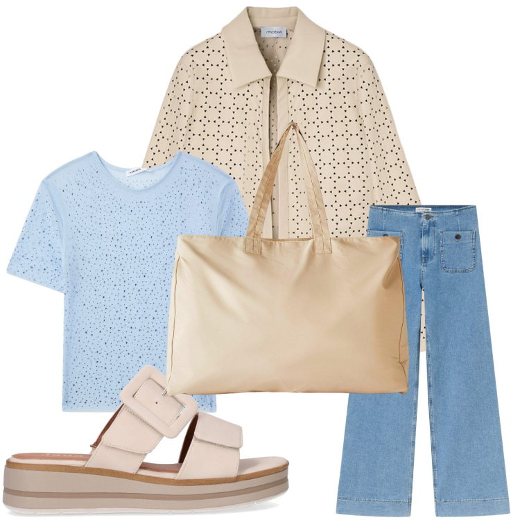 Outfit donna - Effetto traforato. Stile Casual per Tutti i giorni. Abbinamento con shopping bag, jeans, t-shirt, blazer, ciabatte.