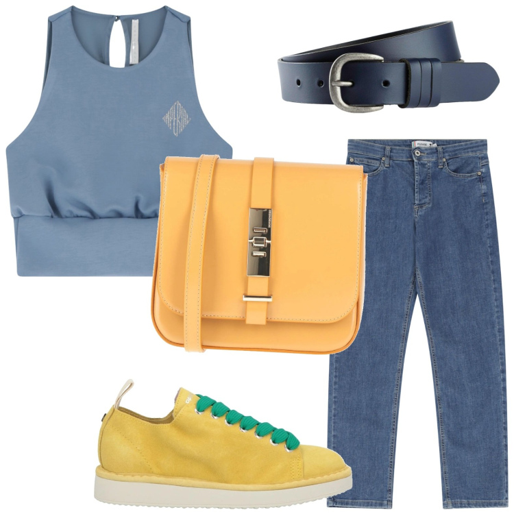 Outfit donna - Jeans all time. Stile Casual per Tutti i giorni. Abbinamento con cinture, sneakers, borse a tracolla, jeans dritti, top.