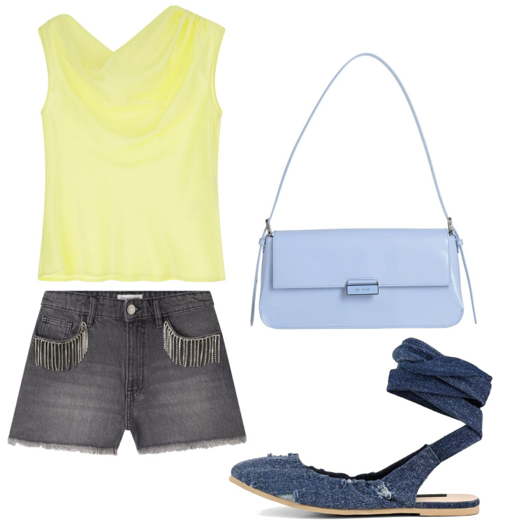 Outfit donna - Semplice in shorts. Stile Basic per Tutti i giorni. Abbinamento con borse a spalla, shorts, top, ballerine.
