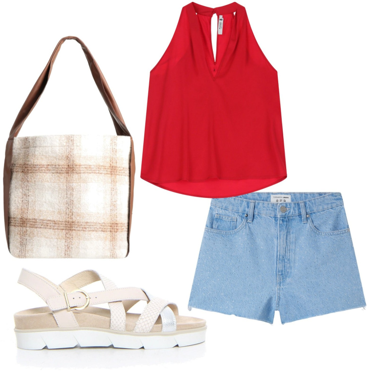 Outfit donna - Picnic sulla spiaggia. Stile Basic per Tutti i giorni. Abbinamento con borse a spalla, shorts, top, sandali.
