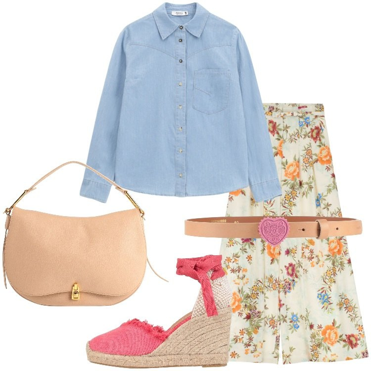 Outfit donna - Denim soft con twist femminile. Stile Romantica per Tutti i giorni. Abbinamento con espadrillas, borse a mano, cinture, camicie, pantaloni a palazzo.