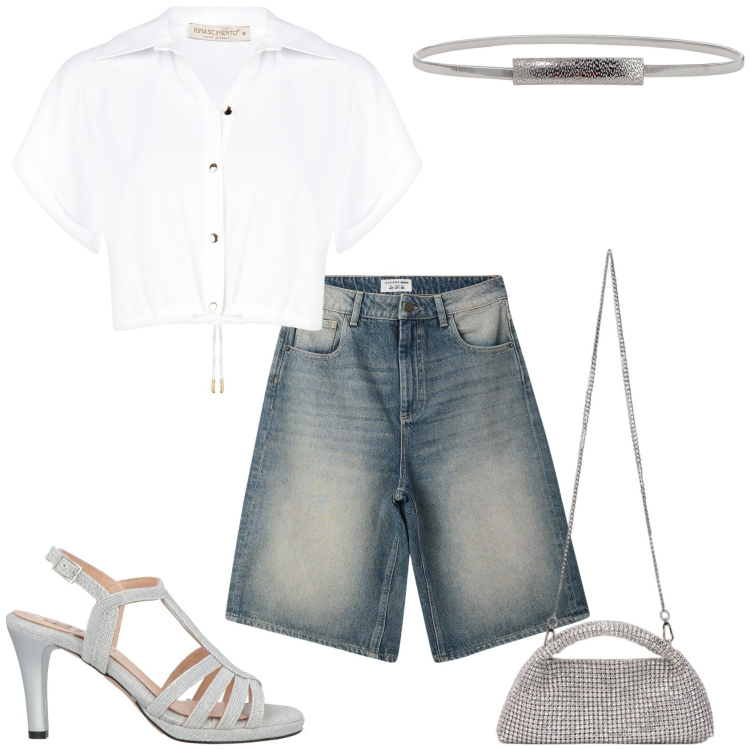 Outfit donna - Il bermuda anche di sera. Stile Glamour per Tutti i giorni. Abbinamento con sandali in pelle, bermuda, camicie a manica corta, cinture, clutch.