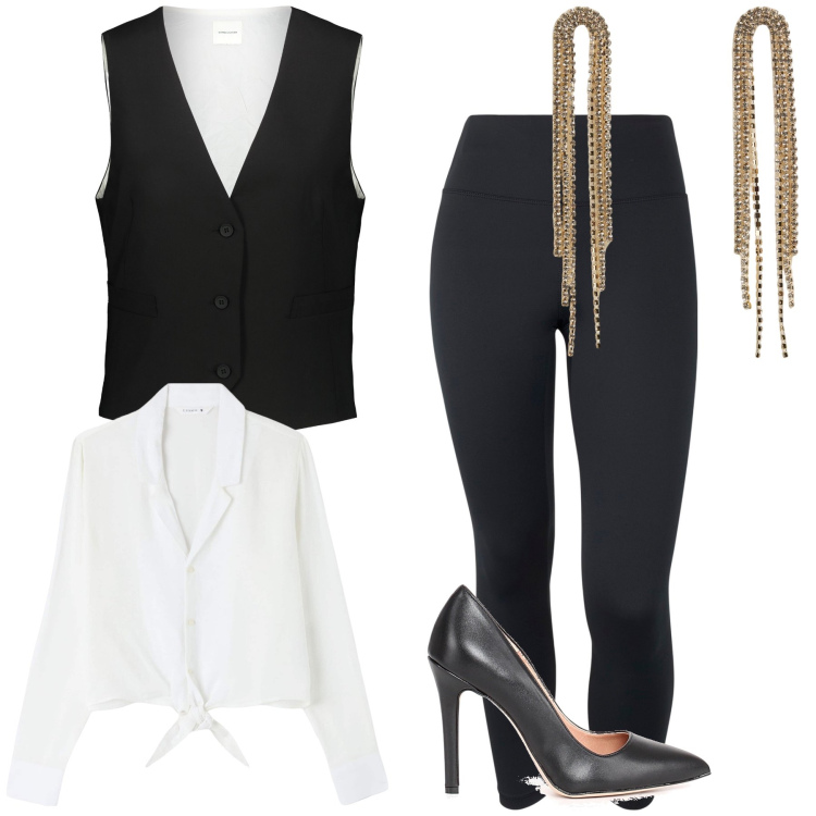 Outfit donna - Sexy con gilet. Stile Glamour per Serata fuori. Abbinamento con camicie, orecchini, pantaloni, gilet, décolleté.
