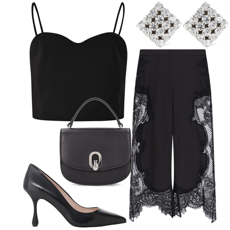 Outfit donna - Chic. Stile Chic per Serata fuori. Abbinamento con top, pantaloni a palazzo, décolleté, orecchini, borse a mano.
