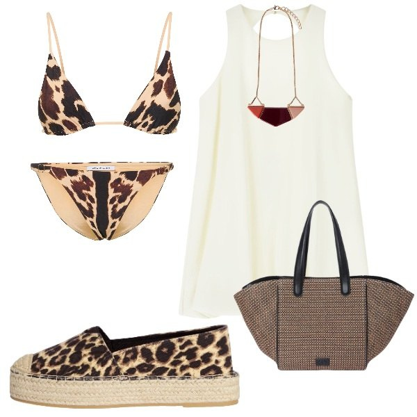 Outfit donna - l\'abito a mare. Stile Urban per Mare. Abbinamento con espadrillas, vestiti corti, bikini, bikini, ciondoli, shopping bag.