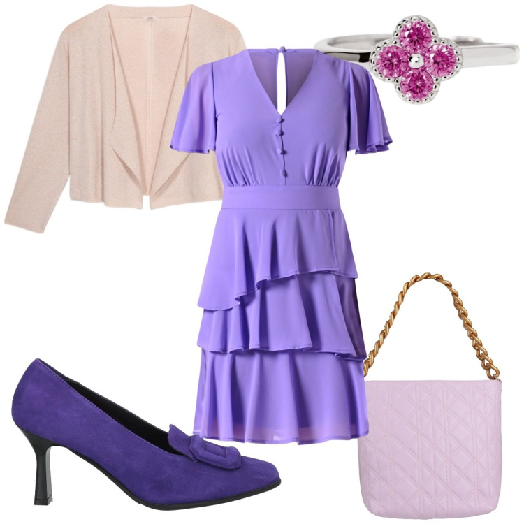 Outfit donna - Compleanno in viola. Stile Trendy per Cerimonia. Abbinamento con borse a mano, décolleté, vestiti corti, anelli, cardigans.