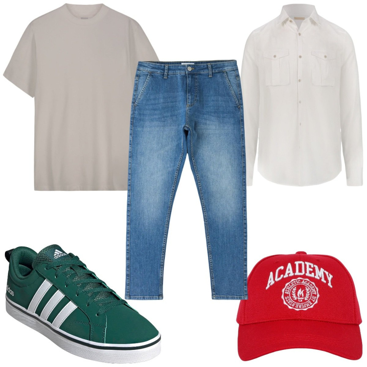 Outfit uomo - Total look #2164928. Stile Trendy per Tutti i giorni. Abbinamento con cappelli, jeans skinny, camicie, t-shirt, sneakers.