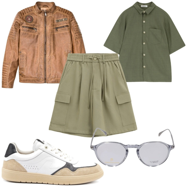 Outfit uomo - Total look #2164930. Stile Trendy per Tutti i giorni. Abbinamento con giacche, camicie a manica corta, bermuda, occhiali da sole, sneakers.