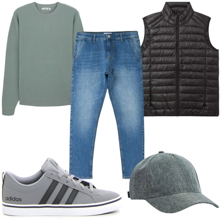 Outfit uomo - Total look #2164931. Stile Casual per Tutti i giorni. Abbinamento con cappelli, maglieria, piumini, jeans skinny, sneakers.