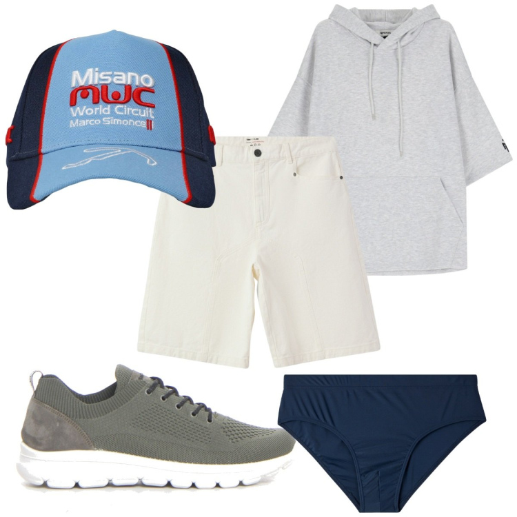 Outfit uomo - Total look #2164935. Stile Trendy per Tutti i giorni. Abbinamento con bermuda, cappelli, costumi, felpe con cappuccio, sneakers.