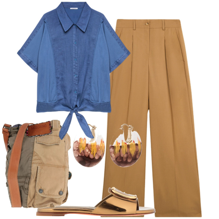 Outfit donna - Denim soft con twist femminile. Stile Casual chic per Tutti i giorni. Abbinamento con borse a spalla, orecchini, sandali in pelle, camicie, pantaloni a palazzo.