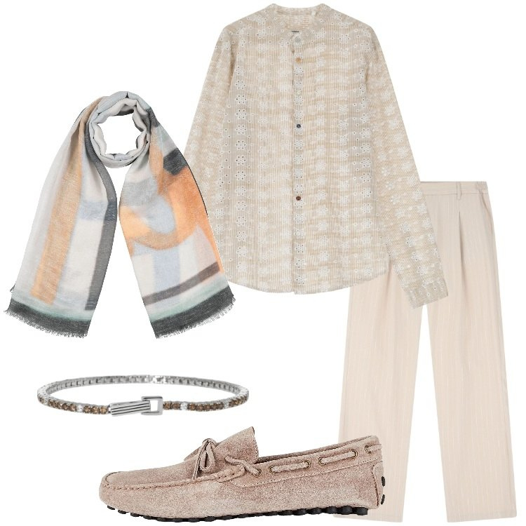 Outfit uomo - Look da terrazza serale. Stile Trendy per Serata speciale. Abbinamento con scarpe stringate, sciarpe, braccialetti, pantaloni, camicie.
