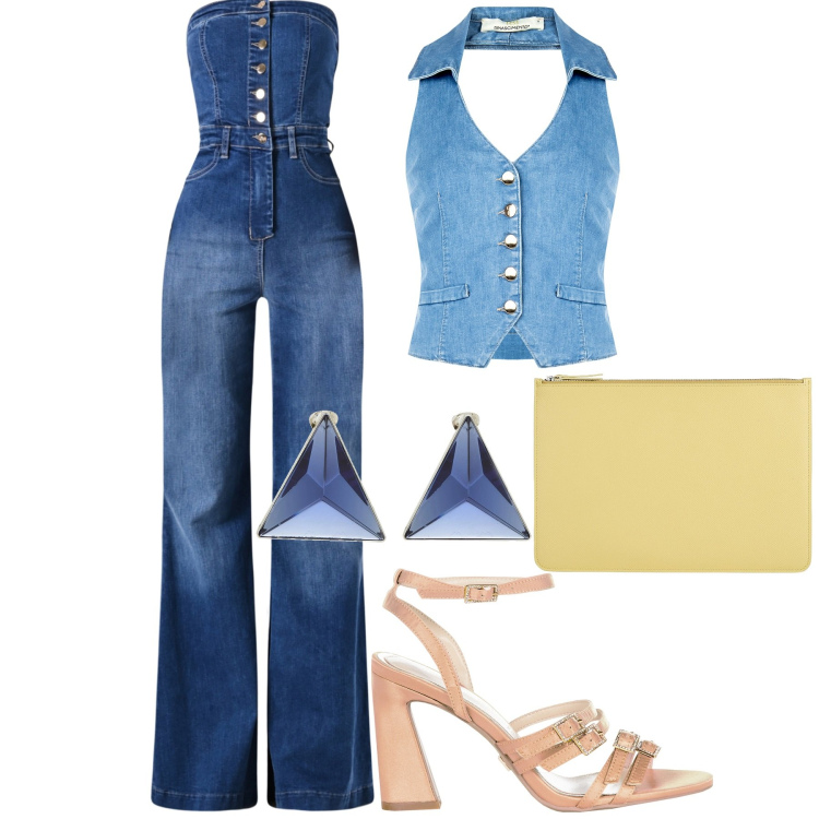 Outfit donna - Denim soft con twist femminile. Stile Casual chic per Serata fuori. Abbinamento con orecchini, pochette, tute, sandali col tacco, gilet.