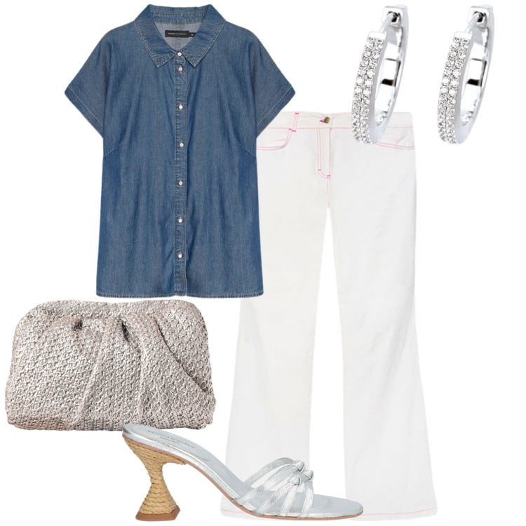 Outfit donna - Denim soft con twist femminile. Stile Casual chic per Tutti i giorni. Abbinamento con sandali in pelle, orecchini, clutch, camicie a manica corta, pantaloni.