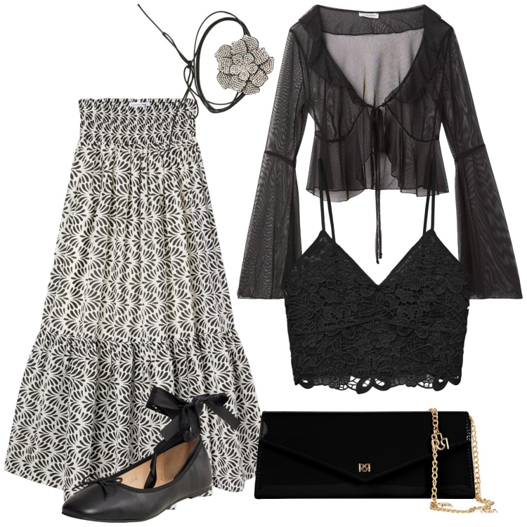 Outfit donna - Cerimonia serale estiva. per Serata fuori. Abbinamento con bolero, top, gonne lunghe, collane, ballerine, pochette.