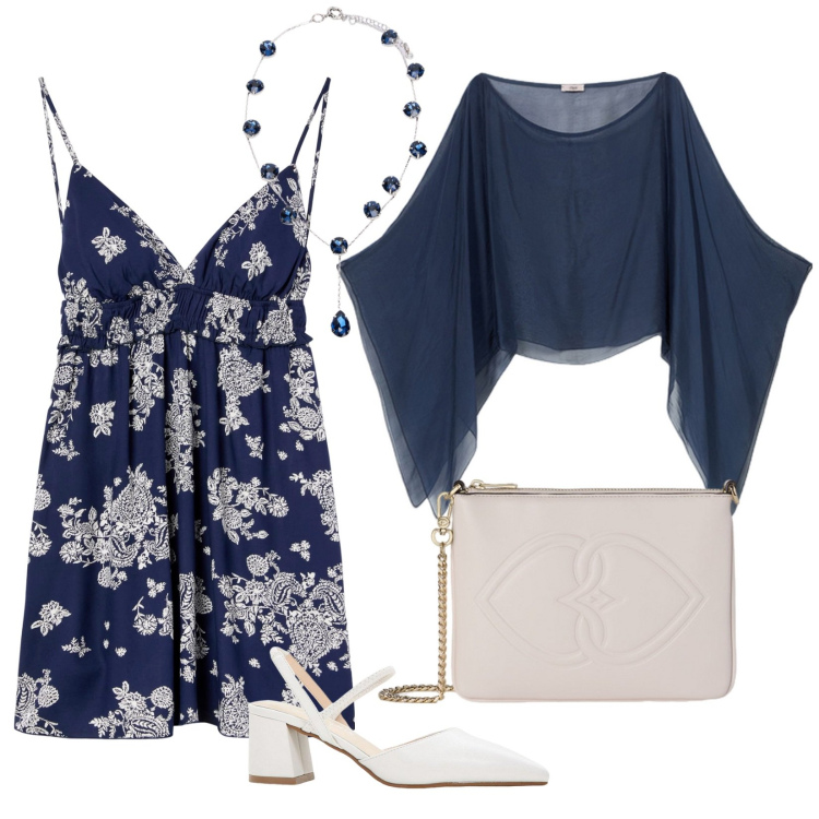 Outfit donna - Battesimo in blu. Stile Chic per Cerimonia. Abbinamento con décolleté, vestiti corti, bolero, collane, pochette.