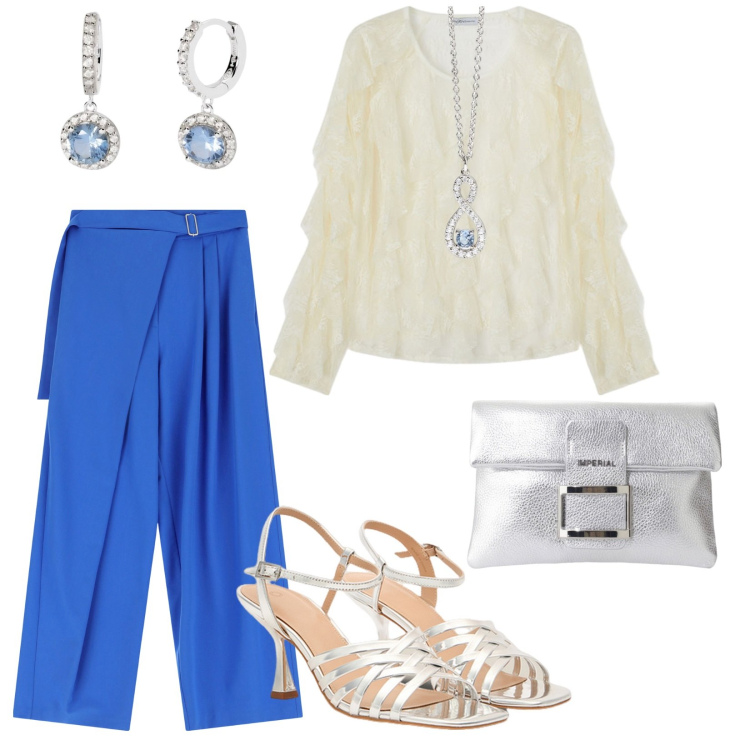 Outfit donna - Communione a maggio. per Cerimonia. Abbinamento con ciondoli, orecchini, pantaloni a palazzo, pochette, bluse, sandali col tacco.