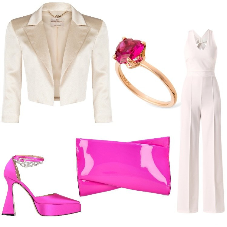 Outfit donna - Cerimonia shokking. Stile Chic per Cerimonia. Abbinamento con décolleté, bolero, tute, pochette, anelli.