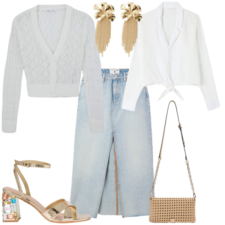 Outfit donna - Serata evento speciale. Stile Casual chic per Serata fuori. Abbinamento con cardigans, gonne lunghe, sandali gioiello, camicie, orecchini, clutch.