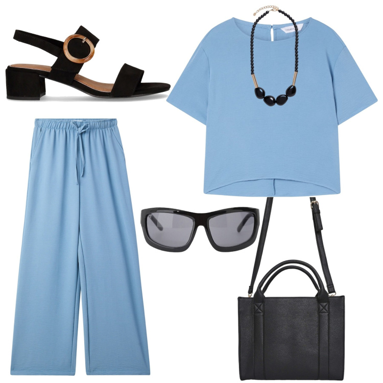 Outfit donna - L\' effetto del celeste. Stile Basic per Tutti i giorni. Abbinamento con t-shirt, pantaloni, borse tote, occhiali da sole, sandali col tacco, collane.