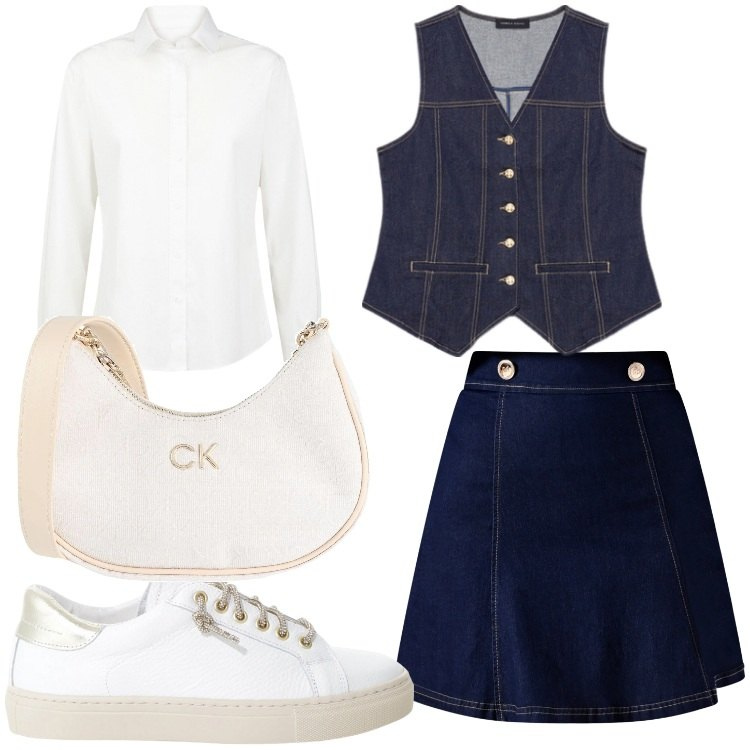 Outfit donna - Pazza per il denim. Stile Sporty chic per Serata fuori. Abbinamento con borse a tracolla, minigonne, sneakers, gilet, camicie.