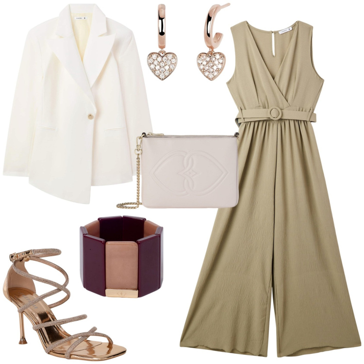 Outfit donna - Evento serata speciale. Stile Chic per Serata fuori. Abbinamento con blazer, tute, sandali col tacco, orecchini, pochette, braccialetti.
