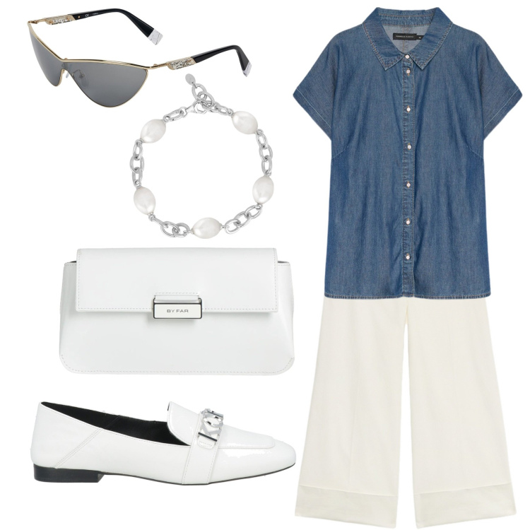 Outfit donna - Camicia in denim su bianco. Stile Casual chic per Tutti i giorni. Abbinamento con occhiali da sole, borse a mano, mocassini, braccialetti, camicie a manica corta, pantaloni a palazzo.