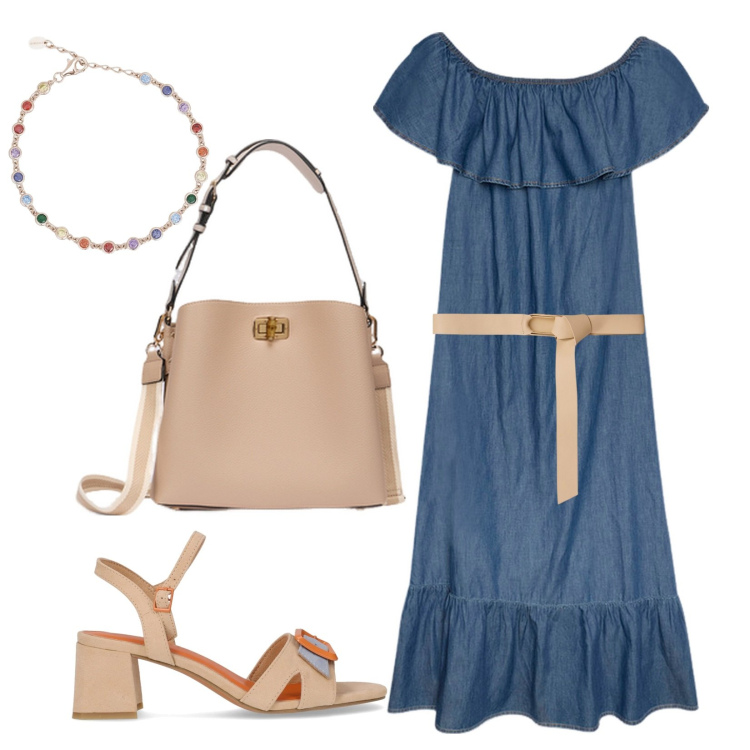 Outfit donna - Abito jeans e sandali nude. Stile Casual per Tutti i giorni. Abbinamento con braccialetti, vestiti lunghi, sandali col tacco, borse a secchiello, cinture.