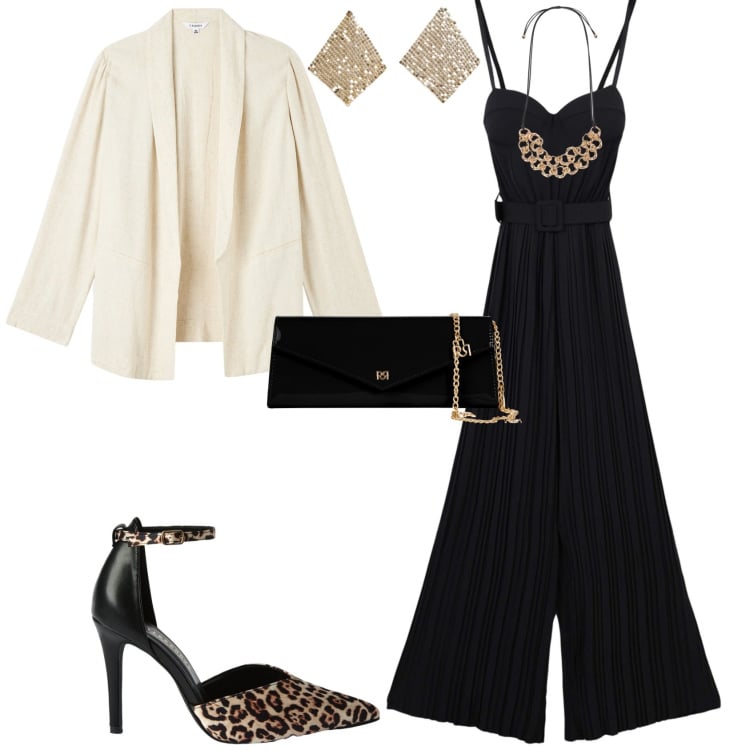 Outfit donna - Evento serata speciale. Stile Chic per Serata fuori. Abbinamento con blazer, décolleté, tute, orecchini, pochette, collane.