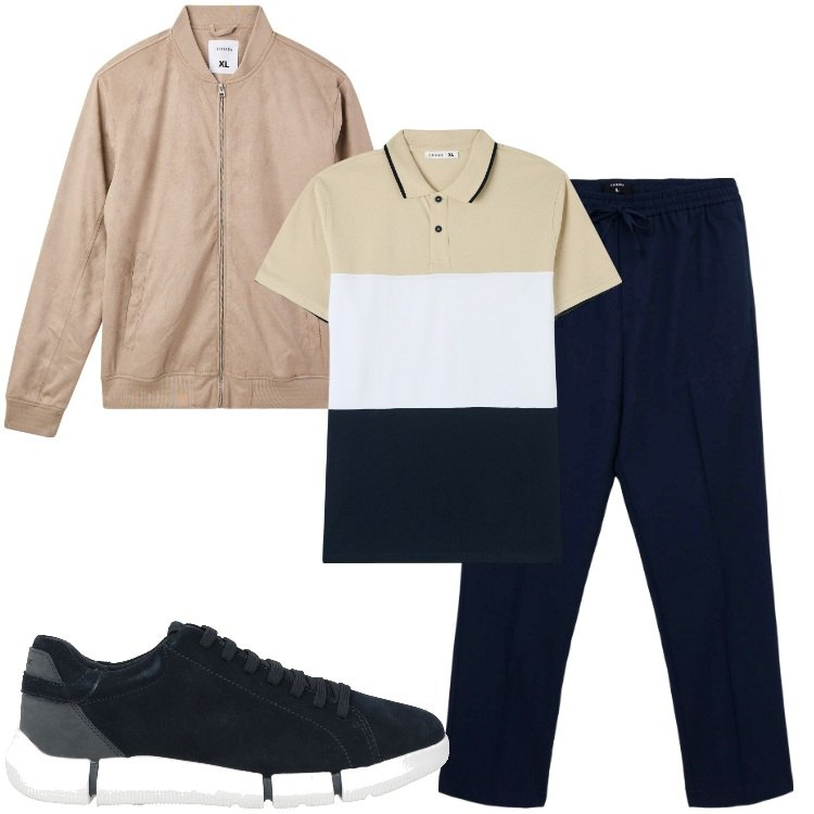Outfit uomo - Oggi casual. Stile Casual per Tutti i giorni. Abbinamento con sneakers, bomber, pantaloni, polo.