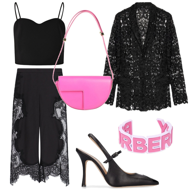Outfit donna - Dettagli in pizzo. Stile Minimal per Serata fuori. Abbinamento con borse a mano, top, pantaloni a palazzo, blazer, braccialetti, décolleté.